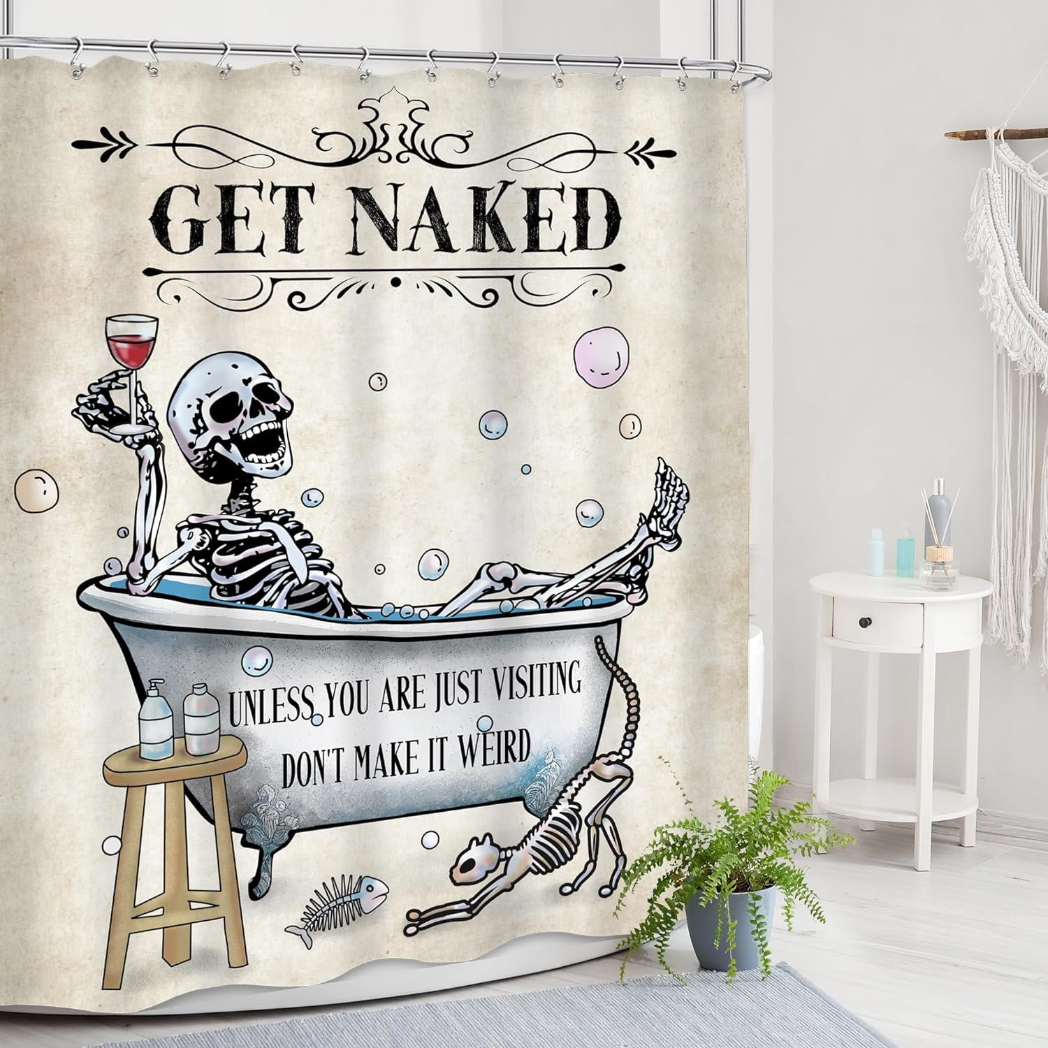 Funny Skull Skeleton Shower Curtain 72"W x 72"LGothic Spooky Bone in Bathtub Halloween Vintage Cat Fish Bubbles Horror Scary Bathroom Decor Unique Cool Bath Curtain Fabric Polyester 12 Pack Hooks