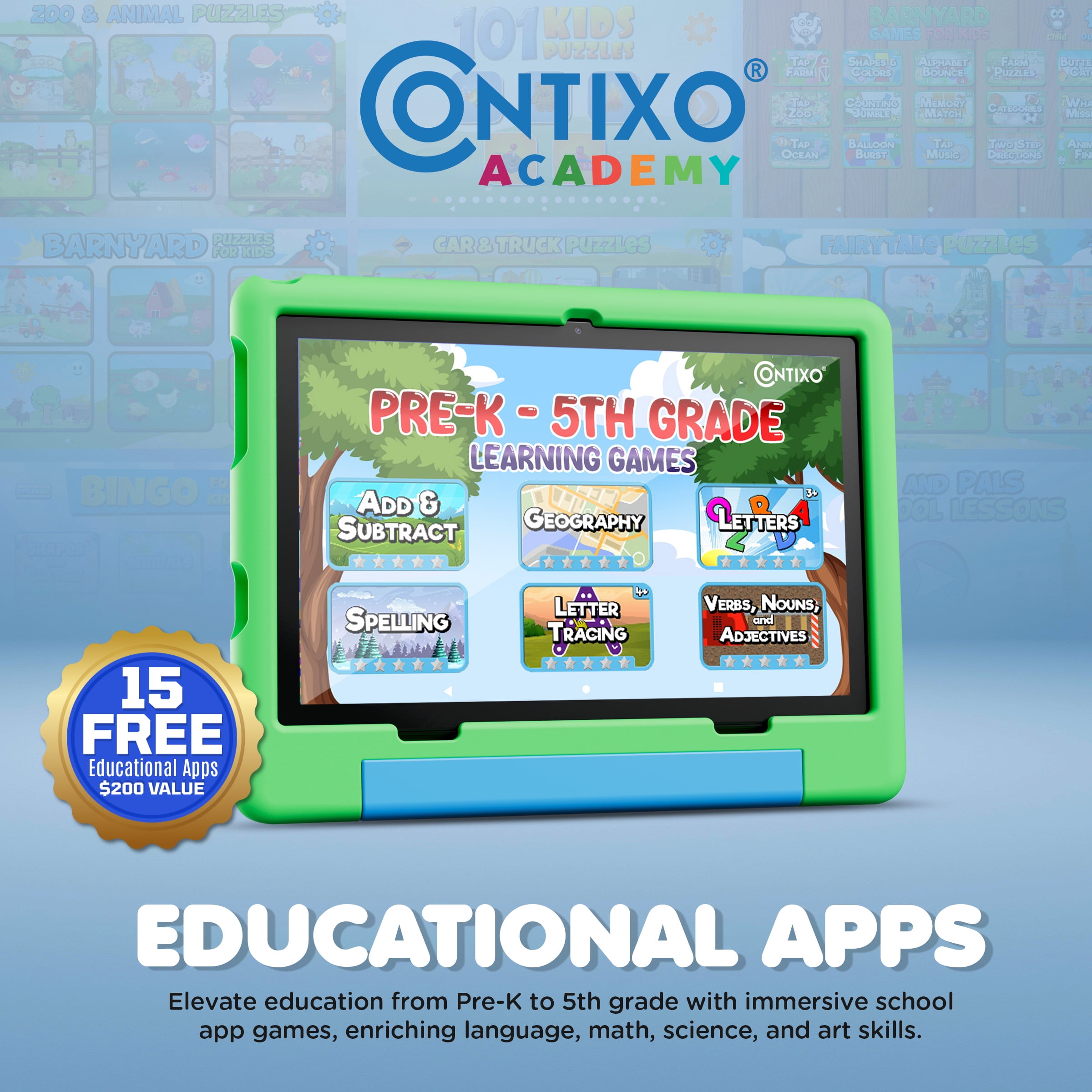 Contixo A10 Kids Tablets 2026 Model, Educational Tablets for Kids with Learning Apps, eBooks, and Tablet Case, 10”, Green