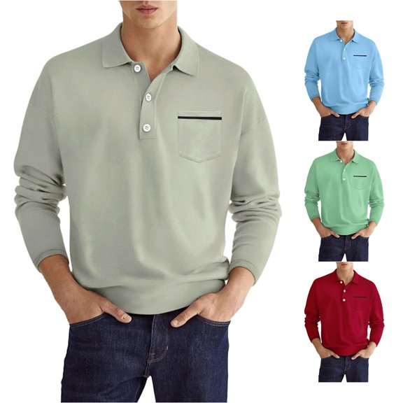 JAJAHO Mens Polo Shirts Long Sleeve Solid Color Relaxed Fit Turndown Collar Spring Fall Basic Top Business Wear