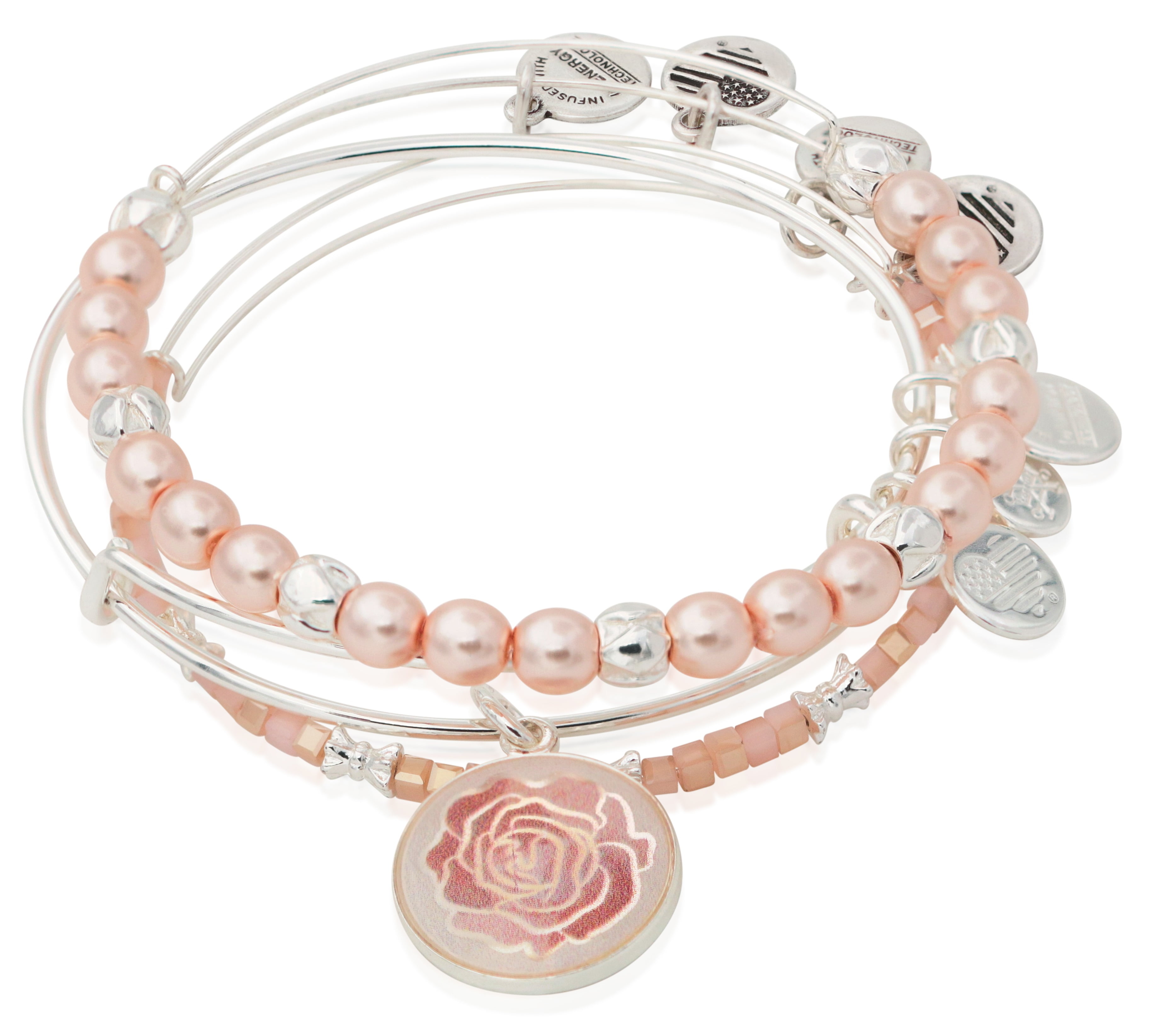 Alex And Ani Rose Art Infusion Set Of 3 Shiny Silver Bangle Bracelets A18SETRSSS