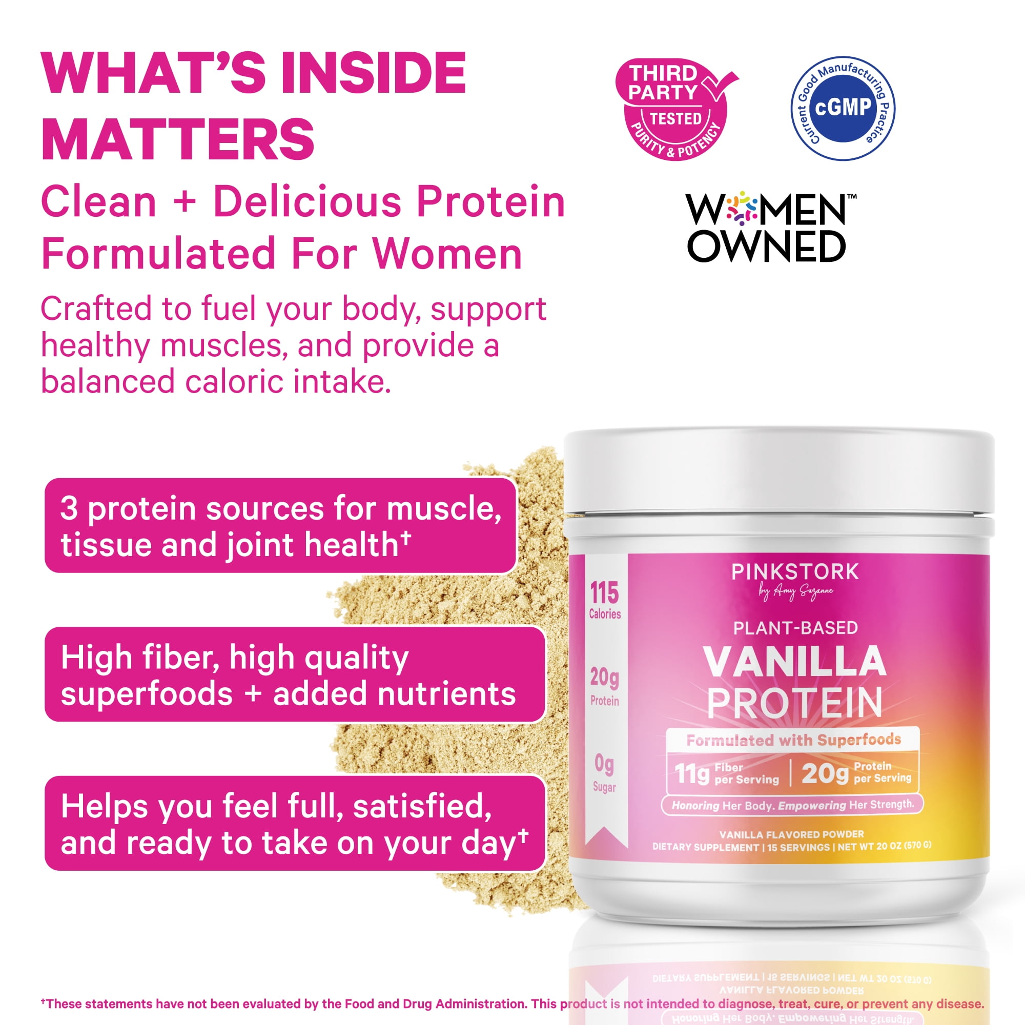 Pink Stork Protein Powder for Women, 20g Plant Based Protein Powder with Fiber + Superfoods, Gluten Free, Dairy Free, Sugar Free, Vanilla Protein Shake - 15 Scoops