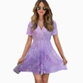 thumbnail image 2 of Purple Galaxy Sparkle Women Dress V-Neck Short Sleeve Flowy Swing Party Midi Dress, 2 of 4