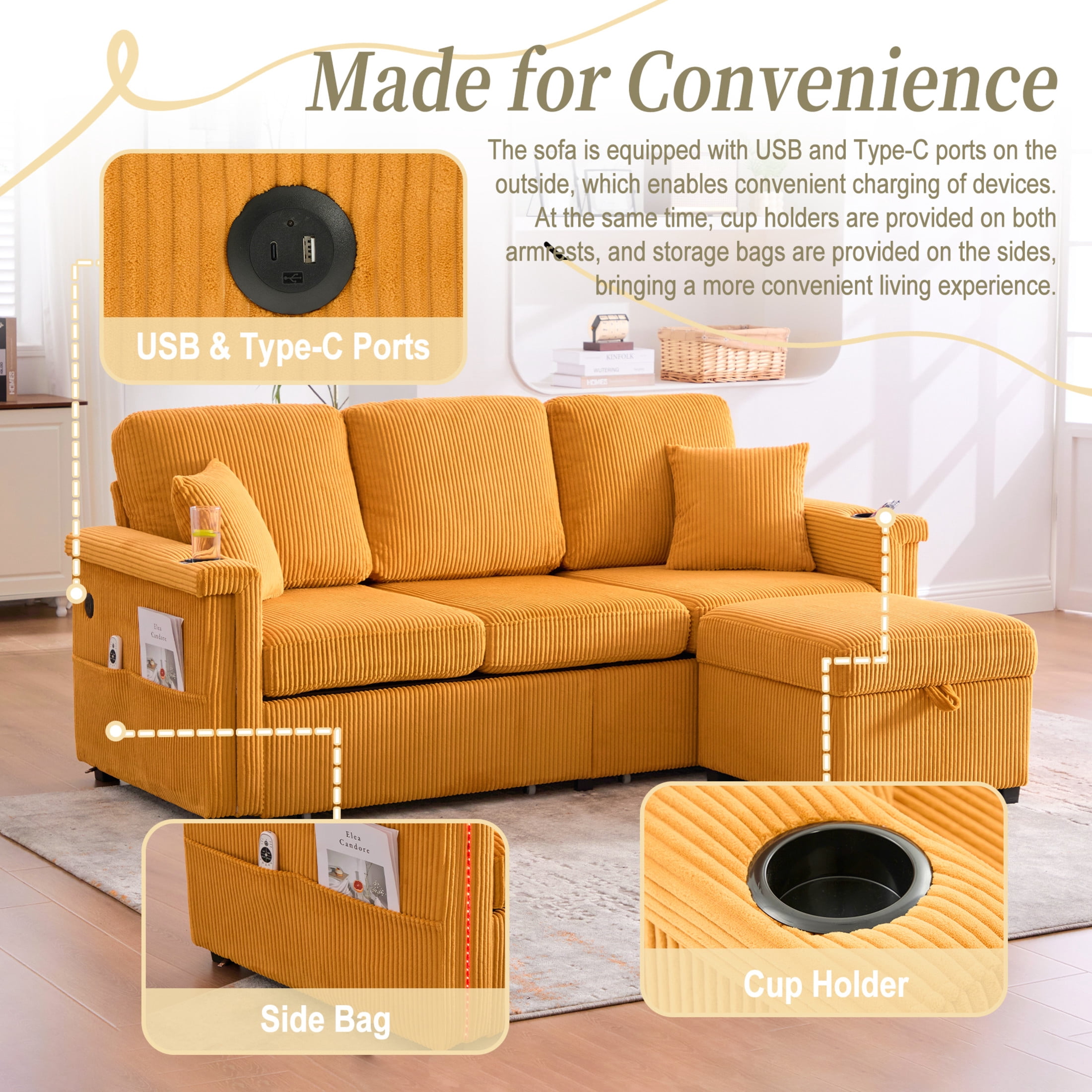 Noble House Elena 4-Seater L-Shaped Corduroy Sectional Sofa with Pull-Out Storage, Ottoman for Living Room, Mustard Yellow