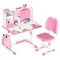 thumbnail image 1 of 2Pcs/Set Kids Study Desk Chair Set, Height Adjustable Children School Study Table Chair Set with Sitting Corrector, Ergonomic Desk Chair with Book Stand, Foot Pedal, Partition Design (Pink, Blue)-Pink, 1 of 8