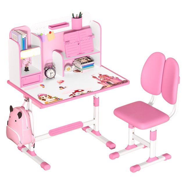2Pcs/Set Kids Study Desk Chair Set, Height Adjustable Children School Study Table Chair Set with Sitting Corrector, Ergonomic Desk Chair with Book Stand, Foot Pedal, Partition Design (Pink, Blue)-Pink