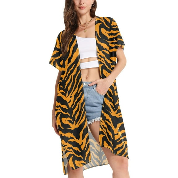 joogoo Women's Tiger Print Background Beach Cover Up Kimono Swimsuit Summer Cardigan Swimwear S
