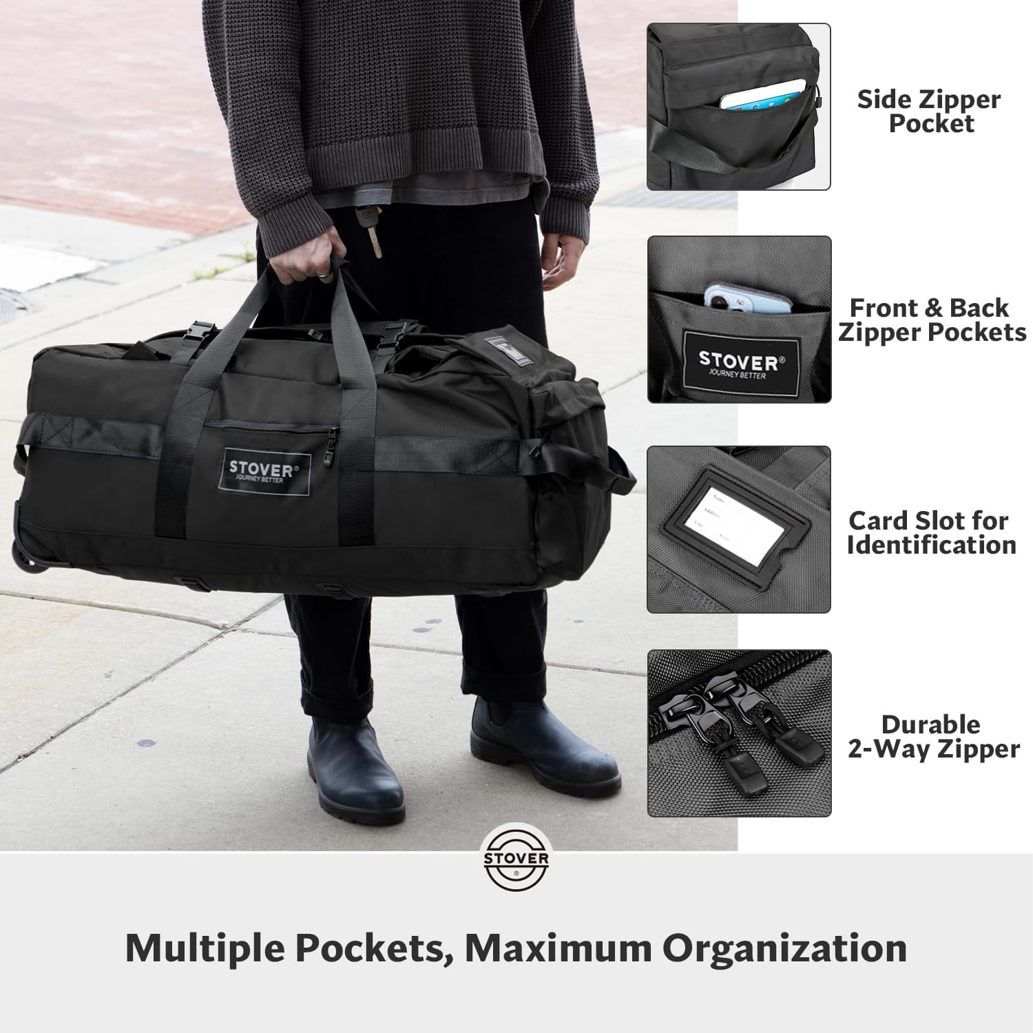 STOVER 80L Rolling Duffel Bag w/ Wheels, X-Large Durable Backpack + Toiletry Bag (Black)