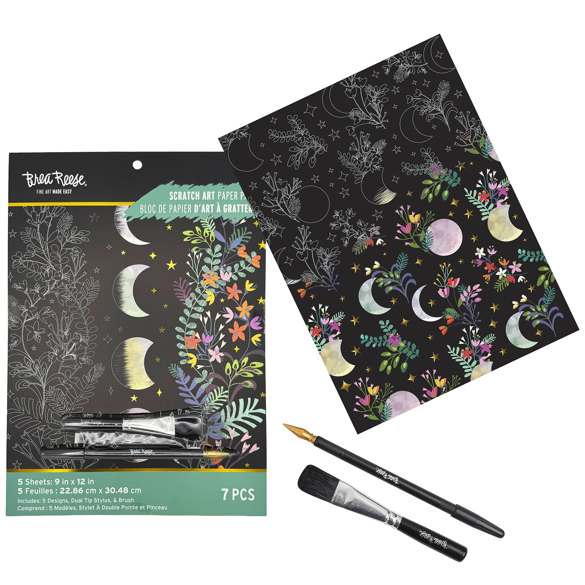 Brea Reese: Scratch Art Paper Pad - Spring Celestial - 5 Nature Designs, Metallic Foil, Dual-Tip Stylus & Brush, Easy-to-Frame 9x12 Pages, Adult Craft