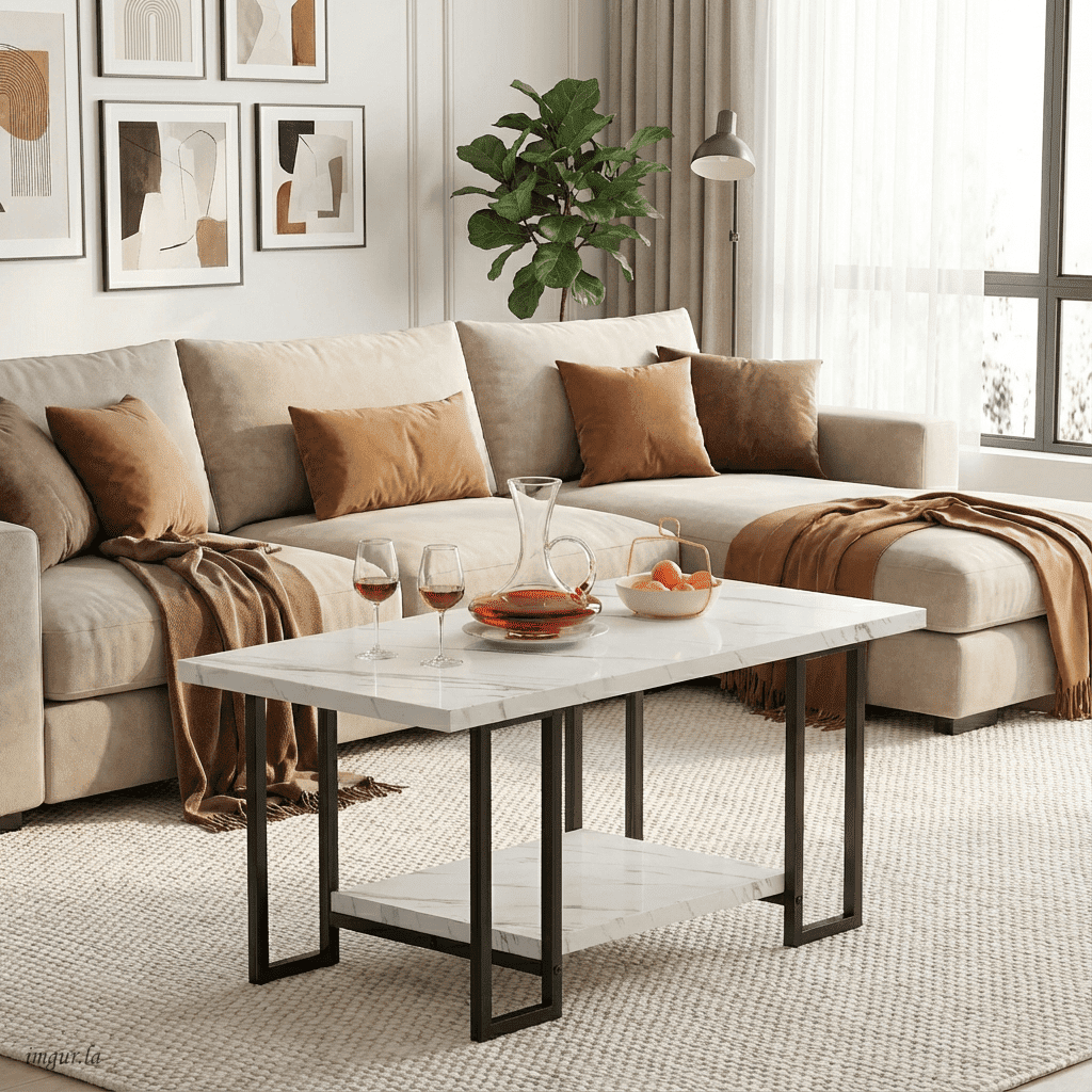 Baxluxe Long Coffee Table with Storage Tea Table Rectangle Coffee Table for Living Room,Faux Marble Sofa Table 2-Tier Storage Center Table,Table Modern Coffee Table,SWhite & Black