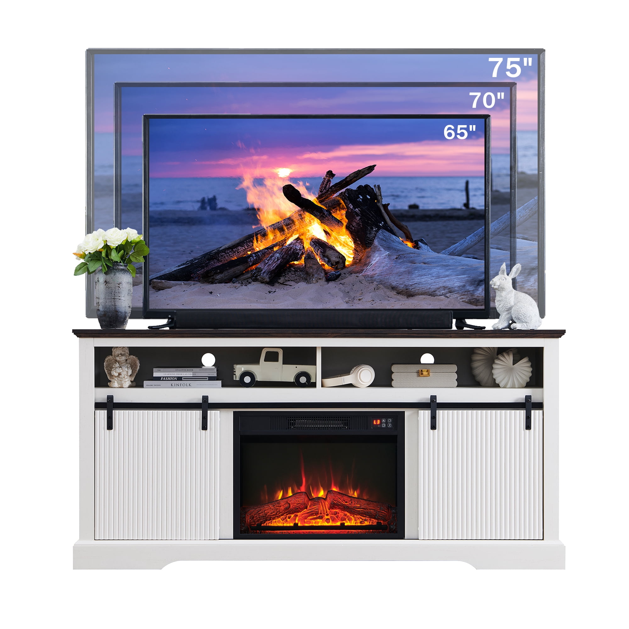 wow97e Fluted Fireplace TV Stand for TVs Up to 75 Inch with 23" Electric Fireplace, Modern Entertainment Center w/Waveform Panel Sliding Door & Adjustable Shelves for Living Room