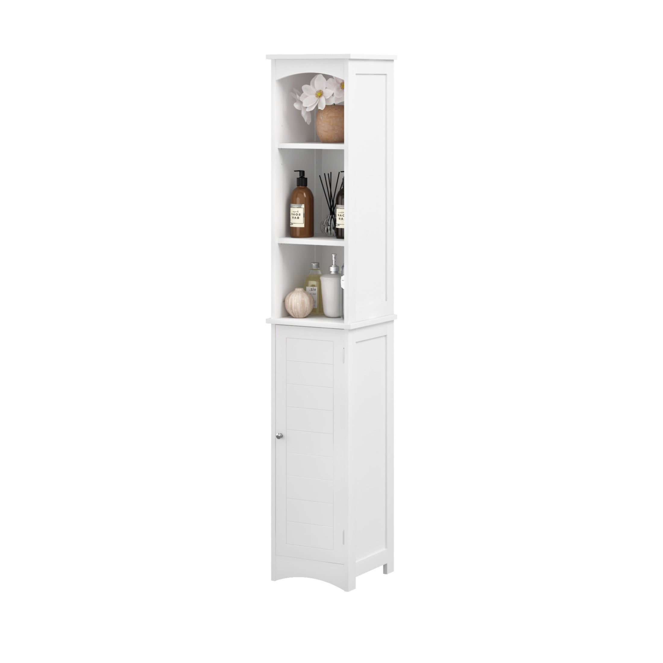 Noble House 64" Tall Bathroom Storage Cabinet, Slim Freestanding Linen Tower with Adjustable Shelves, White