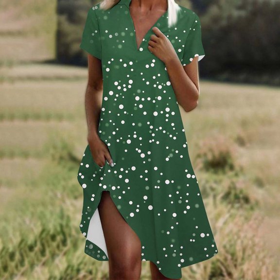 Xixinqiwan Dresses for Women,Women's Polka Dot Printed V-Neck Short Sleeve Loose Dress Army Green L