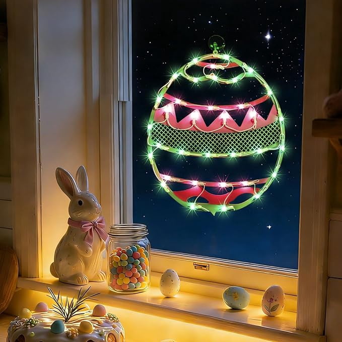 17 Inch Lighted Easter Egg Window Silhouette, Green Base with Pink Chevron Stripes