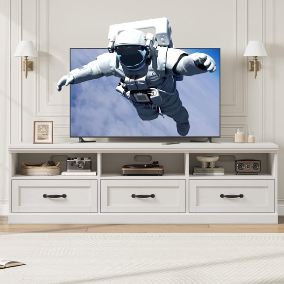 White 75Inch TV Stand 3 Drawers Open Shelves Living Room Bedroom Media Console