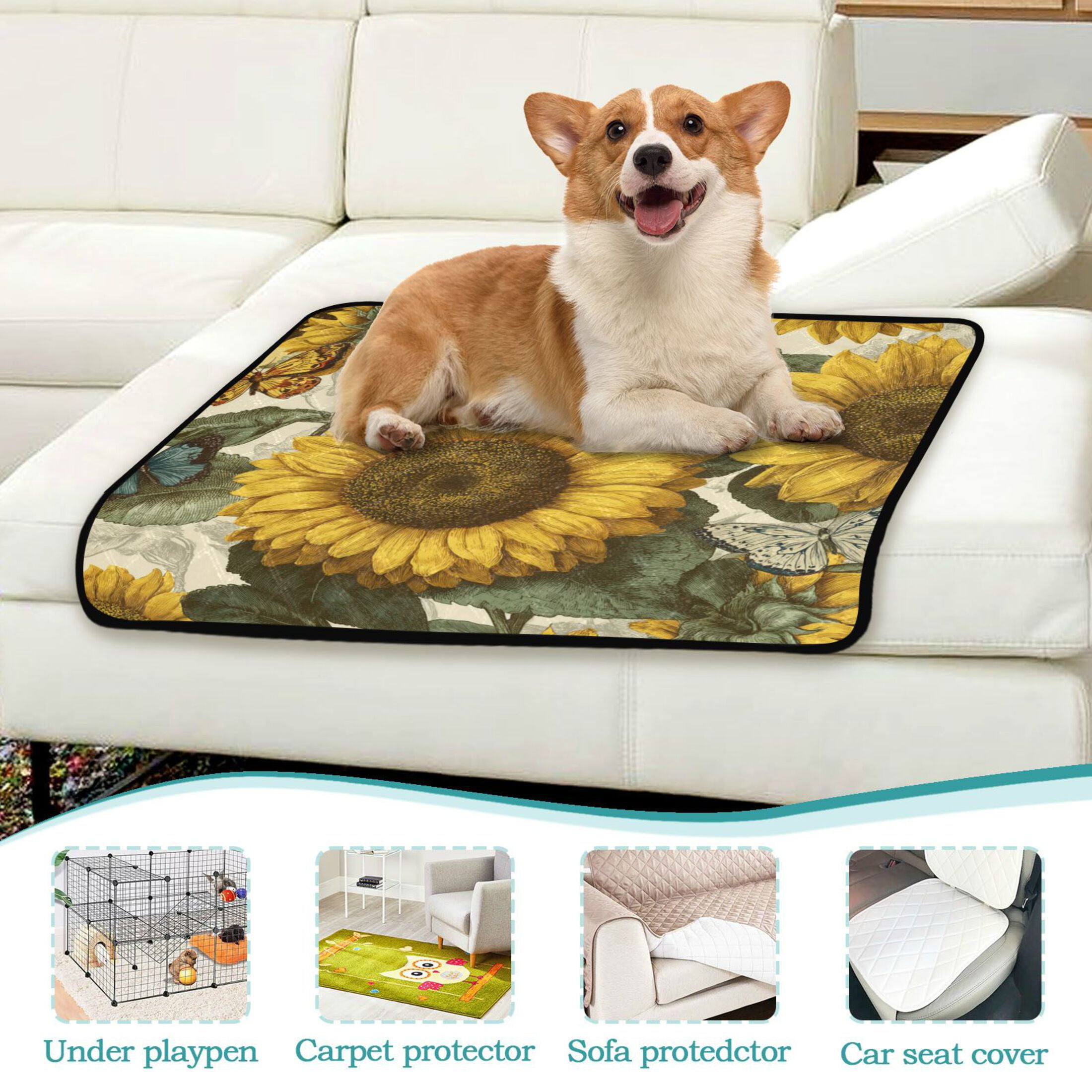 Qxltty Cyan Butterfly Sunflower Cat litter Pads Pet Set of 3 Diaper Mats Center Anti-leakage Layer Absorbent Soft and Comfortable