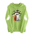 thumbnail image 5 of Women Drop Shoulder Spooky Season Hoodie Drawstring Kangaroo Pocket Fall Halloween Pullover Witch Hat Cute Ghost Pumpkin Spice Drink Bat Front Print Sweatshirt, 5 of 6