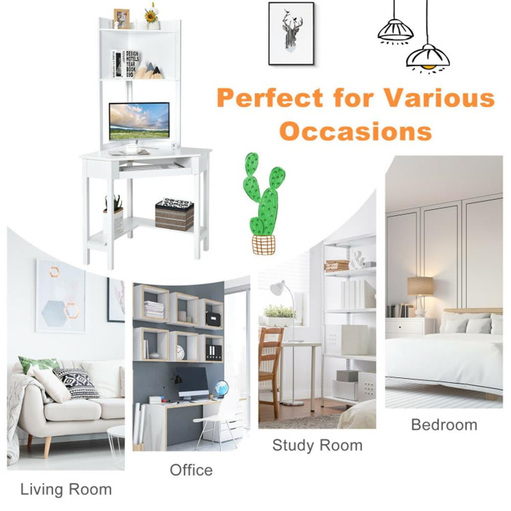 Demi Bonn Corner Computer Desk with Hutch and Storage Shelves, Small Home Office Desk Study Writing Table, White