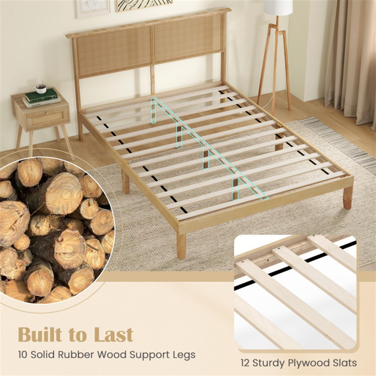 Demi Bonn Queen Size Bed Frame with Rattan Headboard, Platform Bed Frame with 12 Strong Wood Slat Support, No Box Spring Needed, Beige