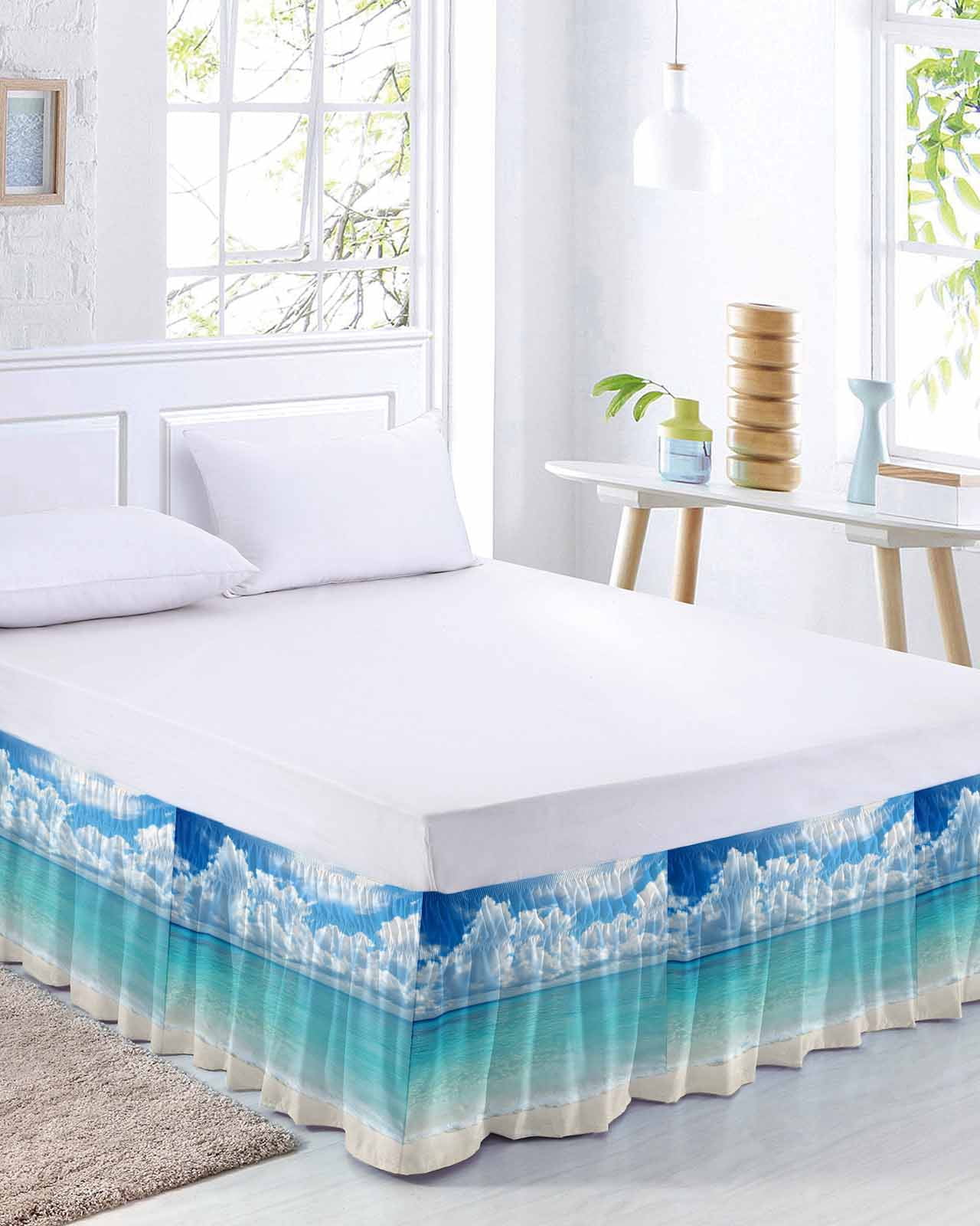 Ocean Blue Bed Skirt Queen Size, Beach Nature Coast Sea Shore Sky Seawater Wrap Around Bed Skirting with Adjustable Elastic Strap, Dust Ruffle Pleated Bedskirts 16 Inch Drop for Bedroom Queen Beds