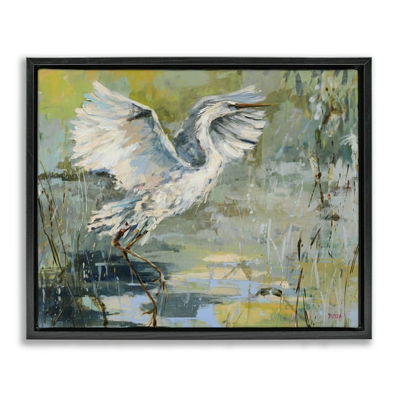Stupell Industries Radiant Crane at Pond Animals Painting Black Floater Framed Canvas Art Print Wall Art, 21 x 17