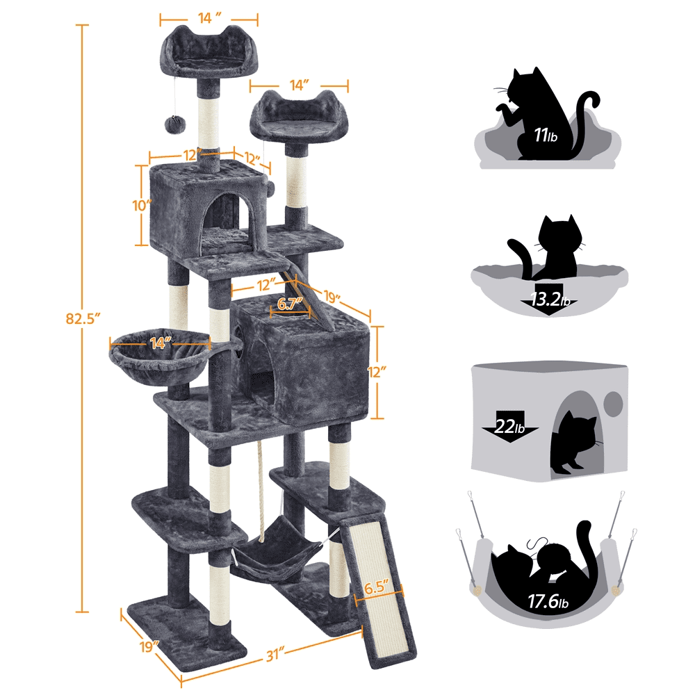 Alden Design 82.5″ H Multi Level Large Cat Tree with 2 Cozy Condos for Indoor Small/Medium Cats, Dark Gray