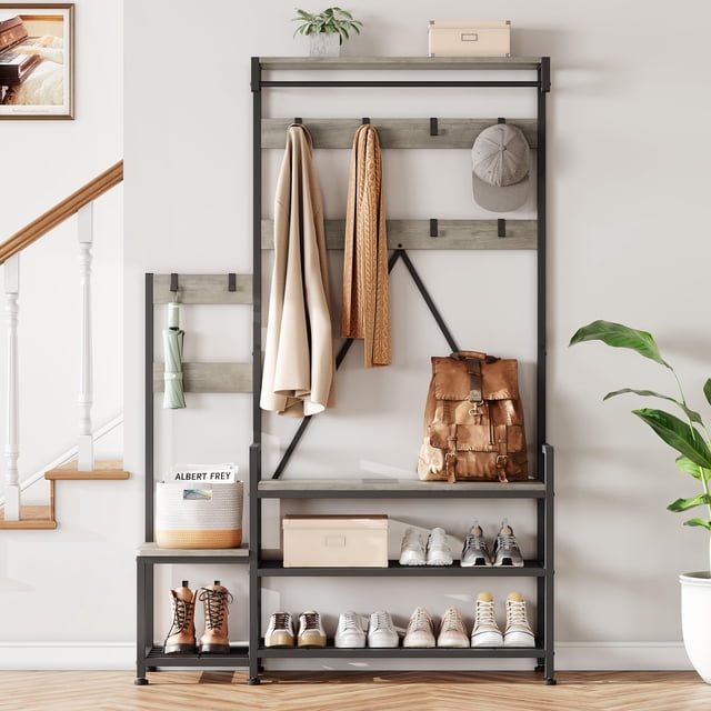 BeesClover Solid Wood Coat Rack,Hall Tree With Bench and Shoe Storage Parent-Child Coat Rack Shoe Bench Industrial Coat Tree Entryway Large Organizer With Shoe Rac Coat Hanger Stand