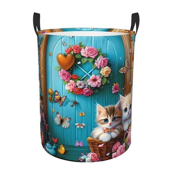 Fotbe Whimsical Cats and Flowers Scene Cesto de Ropa con Asas, Cesto Impermeable de Gran Capacidad, Bolsa de Lavado para Dormitorio, Cesto de Ropa con Ruedas y Asas-Small