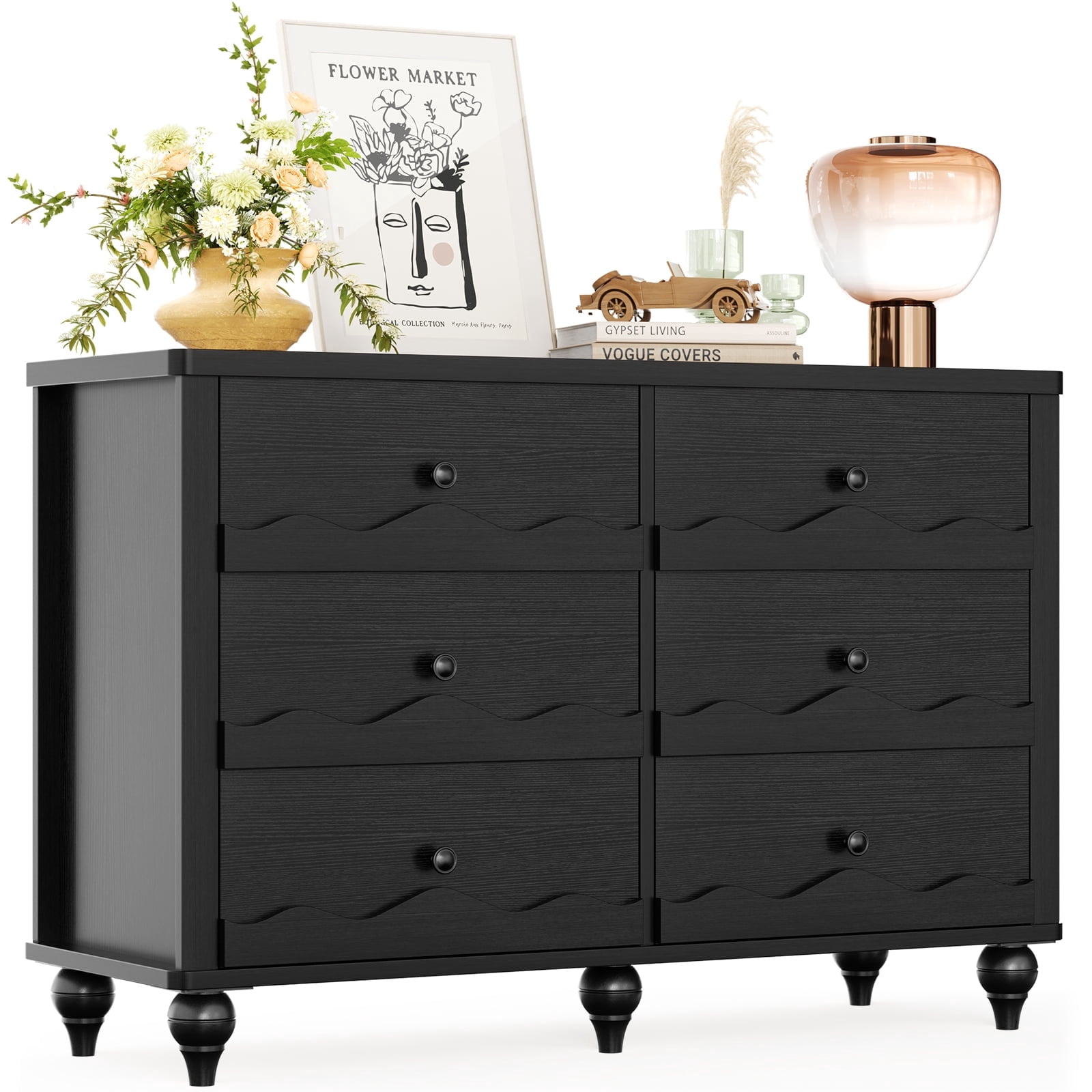Homieasy 6-Drawer Dresser for Bedroom - 43" Modern Chest of Drawers with Scalloped Front, Storage Organizer for Living Room, Hallway & Entryway,Black