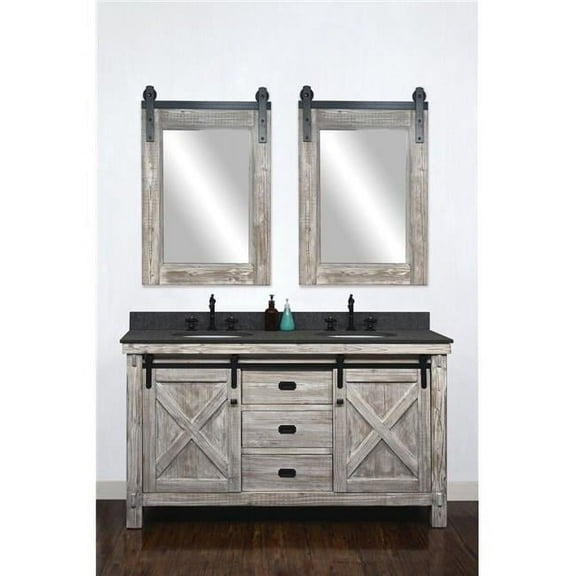 InFurniture WK8560-W-MG TOP 60 in. Rustic Solid Fir Barn Door Style Double Sinks Vanity in White Wash with Rustic Style Polished Textured Surface Granite Top in Matte Grey - No Faucet - 61 x 34.6 x 22