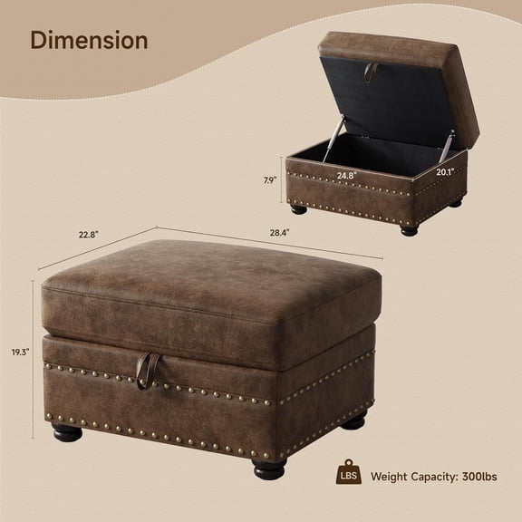 Faux Leather Ottoman with Storage, Rectangle Coffee Table with Nailhead Trim