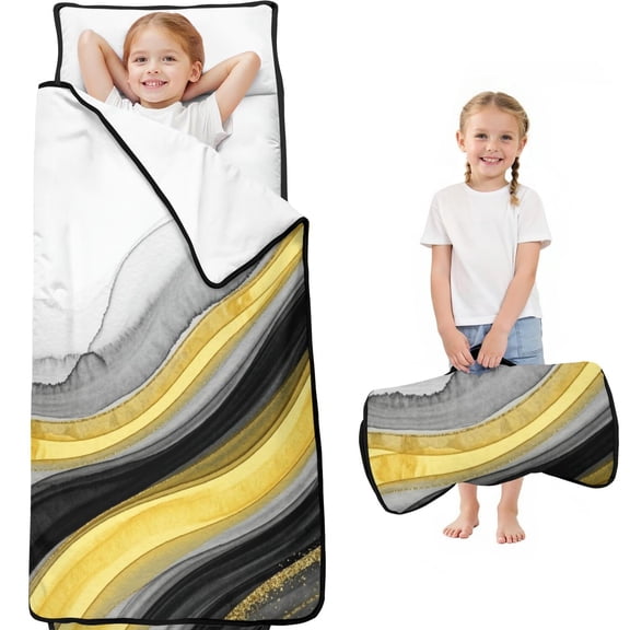 Black and Gold Marble Pattern Teens Toddler Nap Mat with Pillow, Sleeping Mat Bag for Preschool Daycare 59"x22"