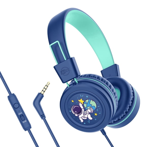 MEE audio KidJamz Wired Headphones w/ 3.5mm Plug, Safe Listening Kids Headset for School (Blue)
