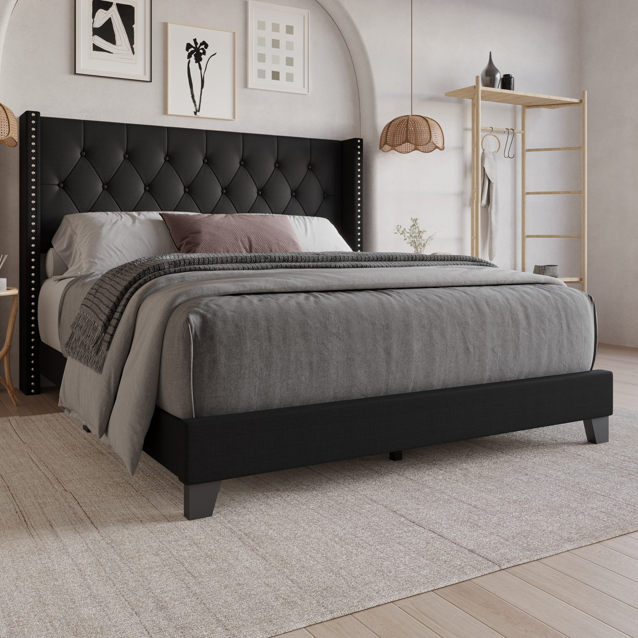 Home Design Homer Full Button-Tufted Wingback Upholstered Panel Bed Frame with Nailhead Trim design for Adult, Black, Easy Assembly
