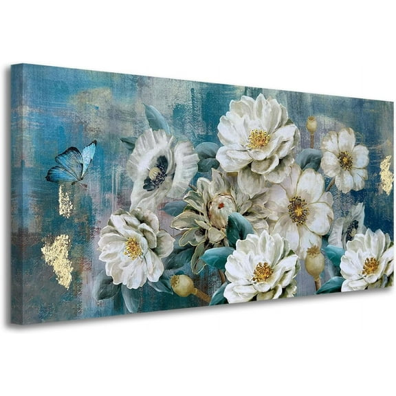 Aaheei Flowers Canvas Wall Art White Elegant Modern Teal Picture Gold Foil Rustic Painting Colorful Turquoise Floral Artwork for Living Room Bedroom Bathroom Dining Room Home Office Decor 16x16