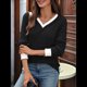 thumbnail image 4 of Camisas de Larga con Cuello en V y Bloques de Color para Mujer: Suéteres Túnica Ligeros Informales de Otoño, Conjuntos de Moda. Negro L, 4 of 10
