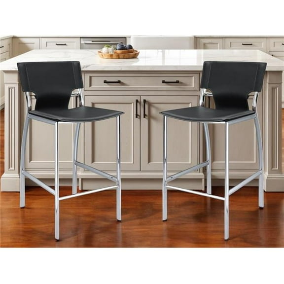 HomeRoots 555050 25 in. Gray & Silver Faux Leather & Metal Low Back Counter Height Bar Chairs - Set of 2