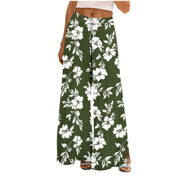 Qiopertar Women's Casual Printed Pants with Pockets Elastic Waist Drawstring Wide Leg Flare Trousers Loose Fit Split Hem Beach Vacation Travel, Army Green L
