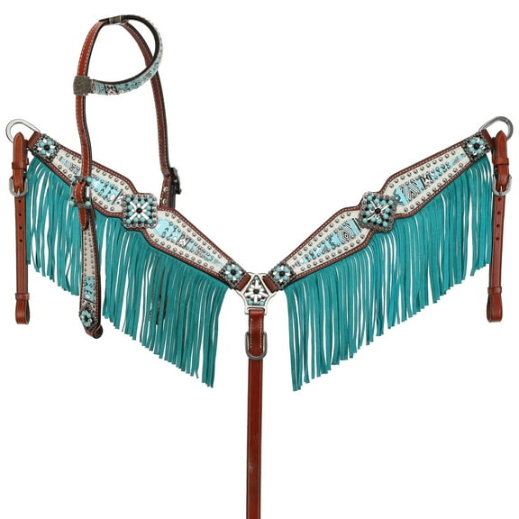 Showman Headstall & Breast Collar Set w/Teal Aztec Print, Suede Fringe & Bejeweled Hardware