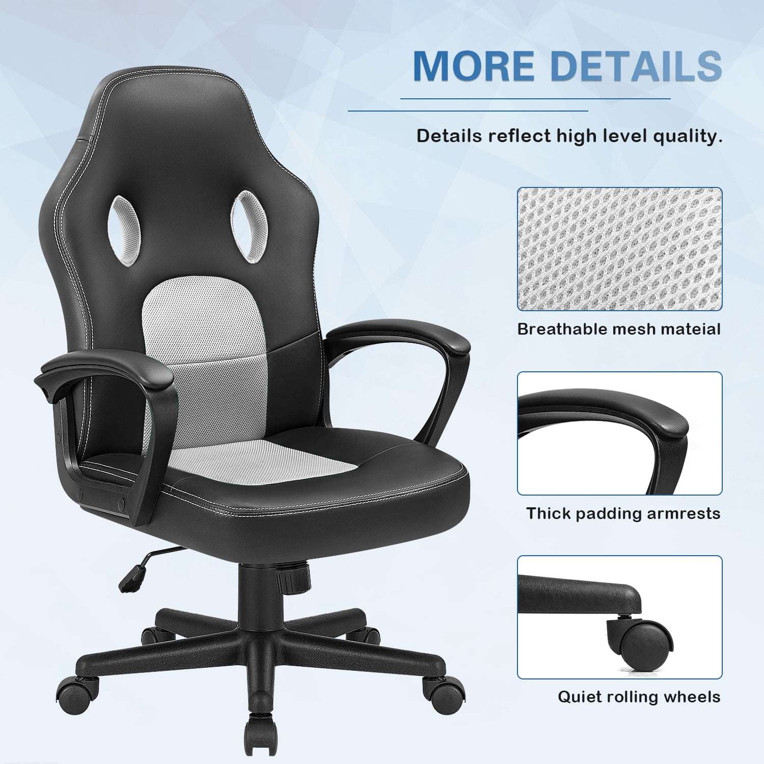 Lacoo Mid Back Gaming Chair Ergonomic PU Leather Computer Gaming Chair Office Chair with Armrests, White