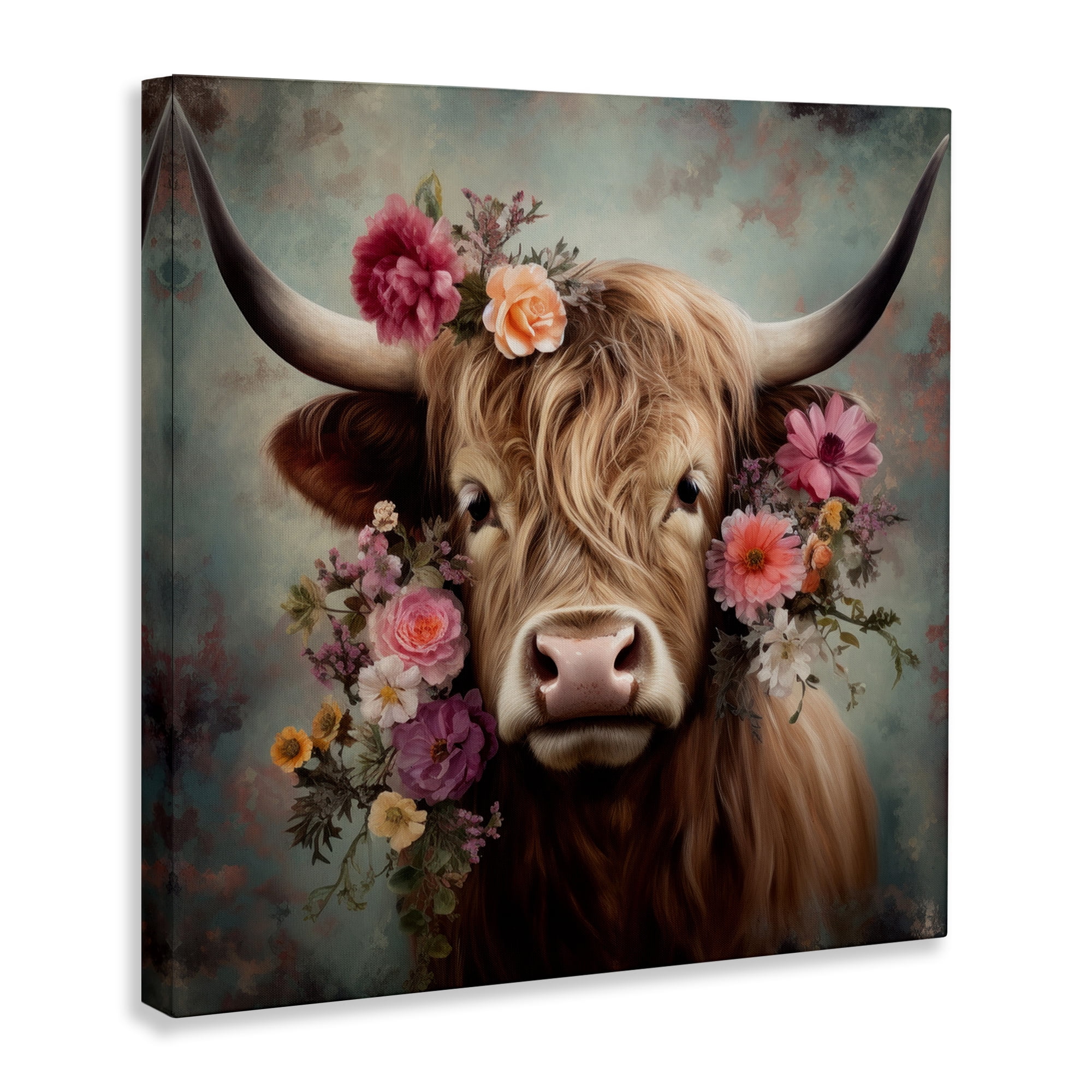 Stupell Industries Cattle with Gerbera Daisies Animals & Insects Painting Gallery Wrapped Canvas Art Print Wall Art, 30 x 30