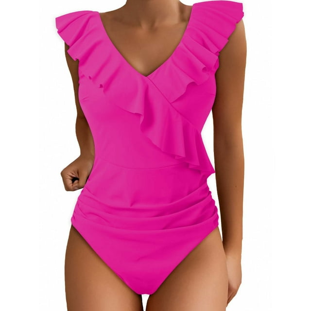 MHFRRA Womans Swimsuit Women's Swimsuits Cute Bathing Suit Ruffle V Neck Swimwear S