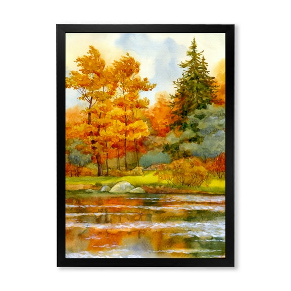 Designart 'Autumn Forest By The Lake Side III' Lake House Framed Art Print