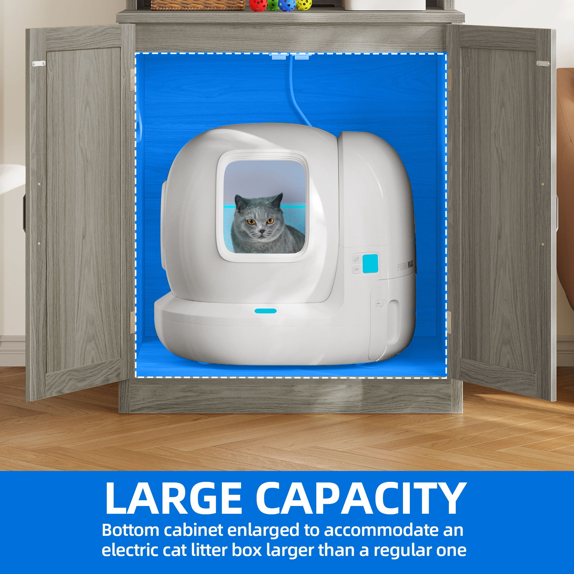 Dextrus Large Hidden Litter Box Enclosure with Shelves and Doors, Wooden Furniture, Grey