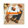 thumbnail image 2 of Qiylii Toddler Girls Halloween Outfit Set, Embroidery Pumpkin Long-Sleeve Ruffle T-Shirt + Dots Bell-Bottoms Set for Kids, 9 Months to 4 Years, 2 of 9