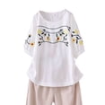 thumbnail image 2 of Fiudx Ofertas Flash Del Día Solo En Línea Blusa de Lino con Cuello Redondo y Manga Corta para Mujer, Blusa Holgada Informal con Bordado Estampado de Primavera y Verano, 2 of 3