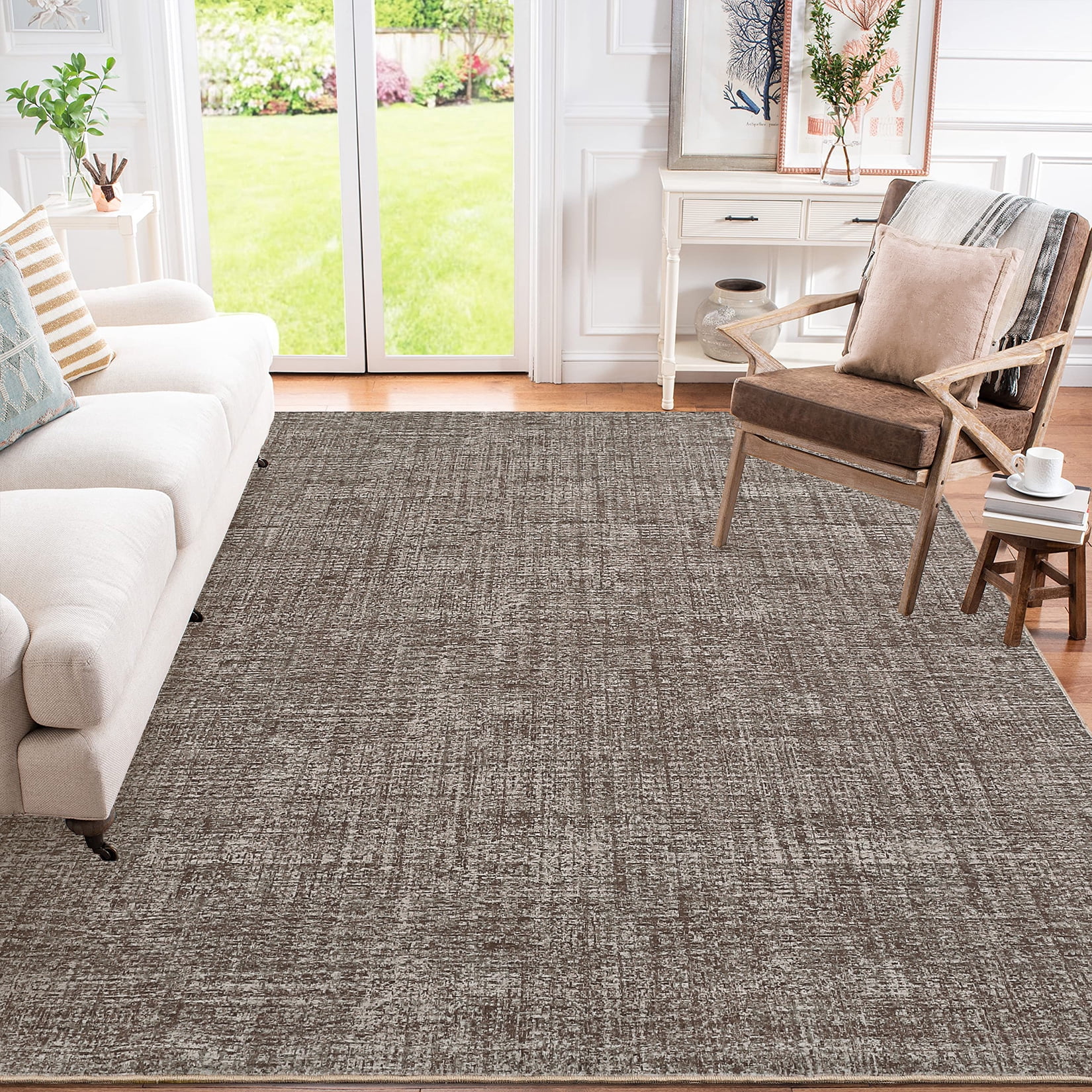 Hasoo Washable Living Room Area Rug 5x7 Modern Solid Non-Slip Soft Low Pile Indoor Brown Neutral Carpet