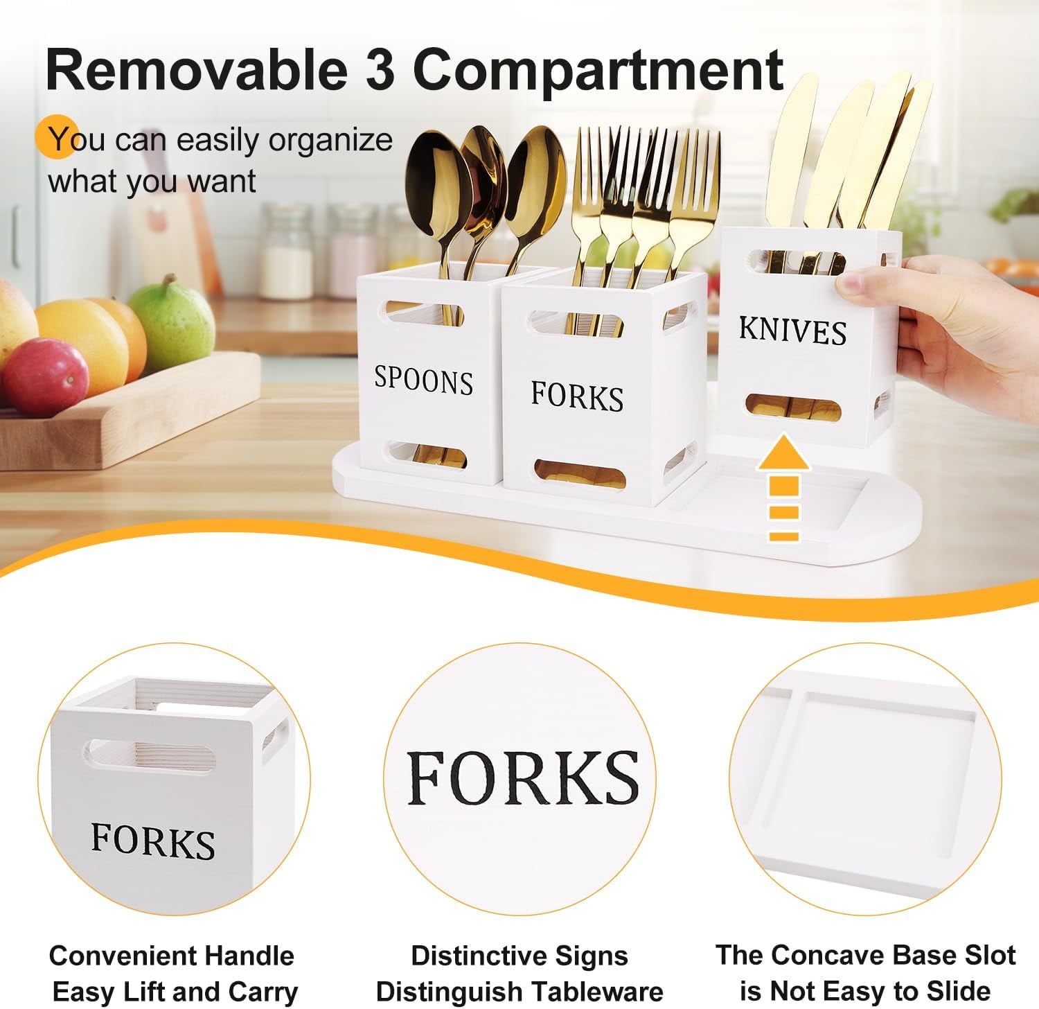 Wooden Flatware Silverware Caddy for Party White Cutlery Holder Small Utensil Holders for Kitchen Counter Wood Countertop Knife Fork and Spoon Holder Table Utensil Caddy