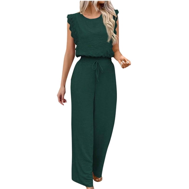 biudgviw Jumpsuits for Women Sleeveless Lace Trim Drawstring Wide Leg Casual Tank Rompers Loose Long Overalls