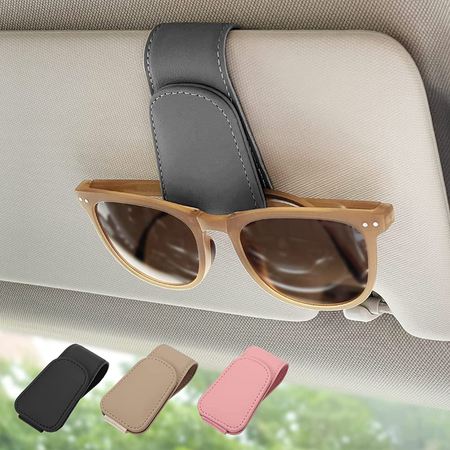 Tecledsn Sunglasses Holder For Car Visor - Magnetic Leather Clip, Universal Fit, Gray
