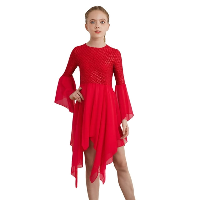 Manyakai Tunique de Danse pour Filles Enfants Jupe en Chiffon Irrégulière Fluide Culte Liturical Robe de Danse Lyrique Rouge 10
